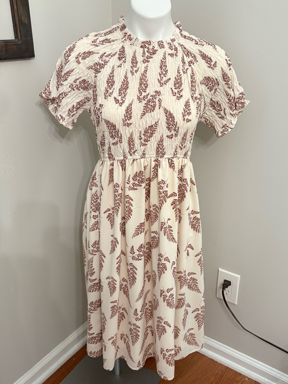 Böhme Aurelia Smocked Floral Midi Dress Rust Cream Leaf Boho Puff Sleeve Sz. S